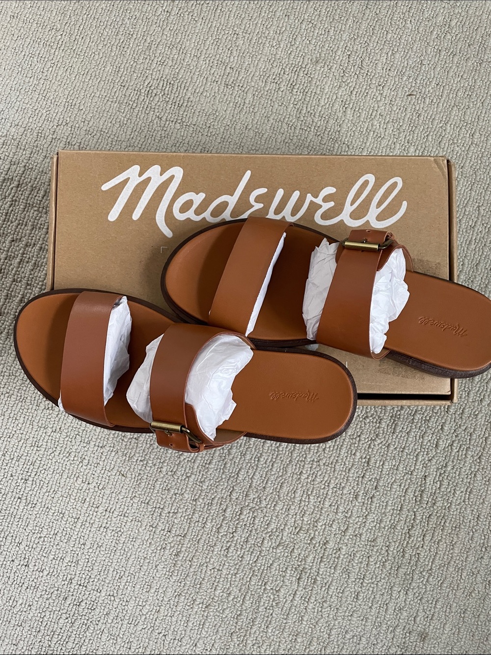 Madewell Leather Double-Strap Slide Sandals with Buckle in warm coffee size 9